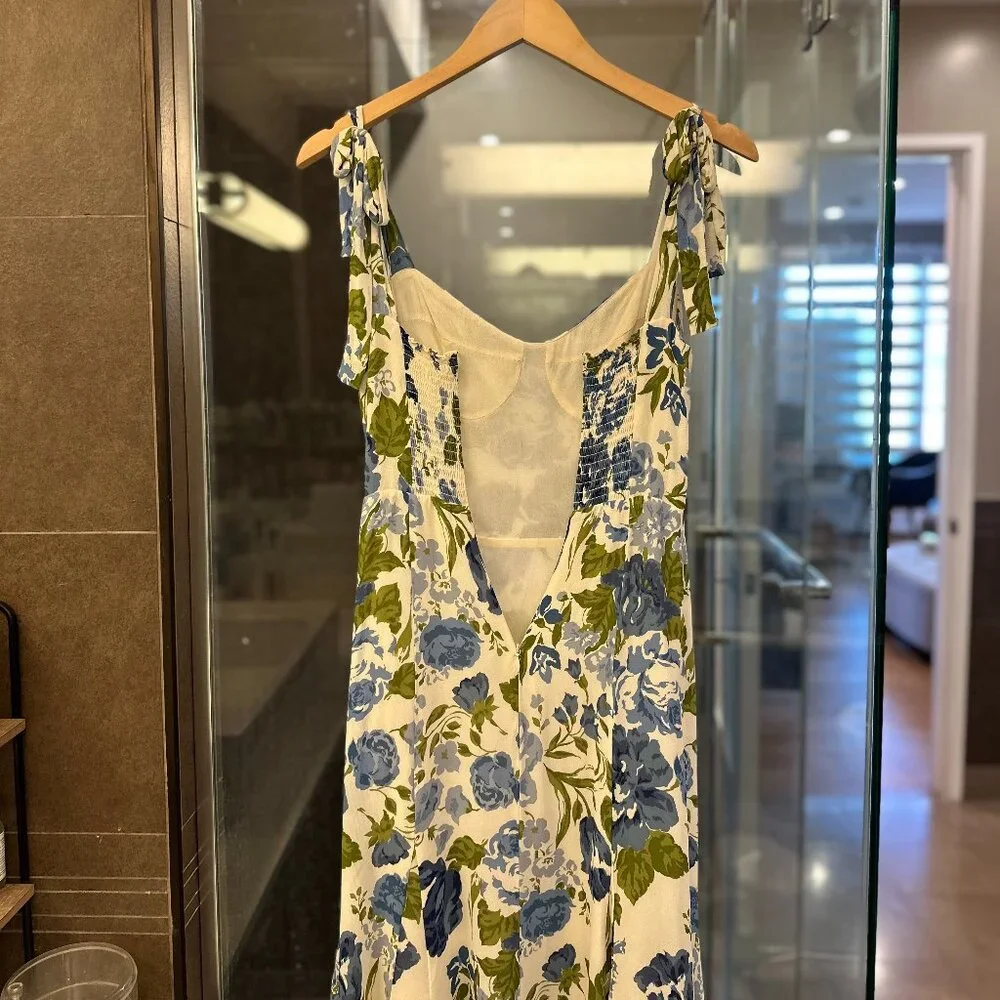 REFORMATION Nadira Lucca Floral Pattern Sleeveless Midi Dress (Blue/Cream/Green) - Picture 12 of 16